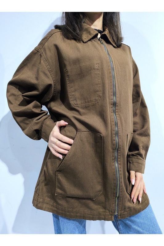 Kadın Ceket Kot Fermuarlı / Oversize - Gömlek Yaka - İç Cepli